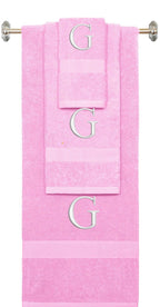 Pink monogrammed towel set with White thread, Times New Roman font, initial G - 540 GSM cotton 3-piece