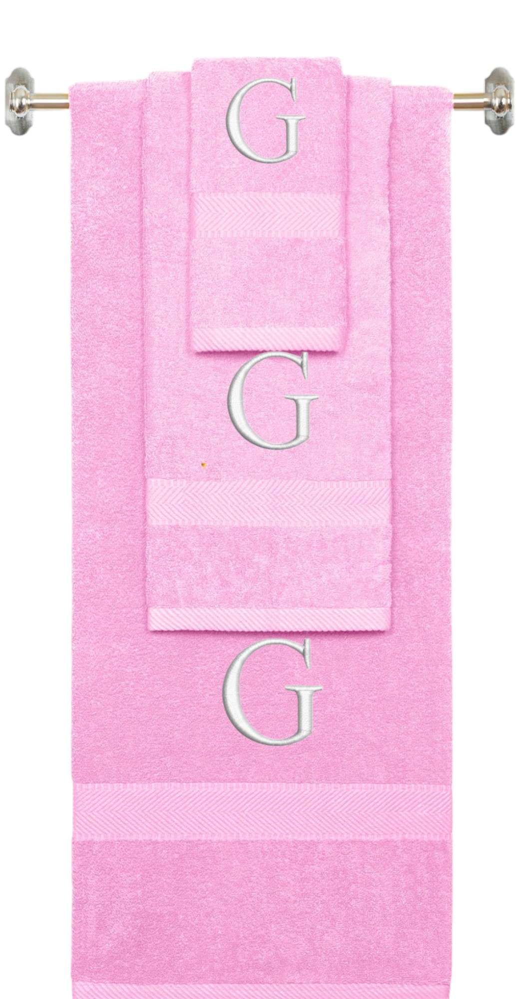 Pink monogrammed towel set with White thread, Times New Roman font, initial G - 540 GSM cotton 3-piece