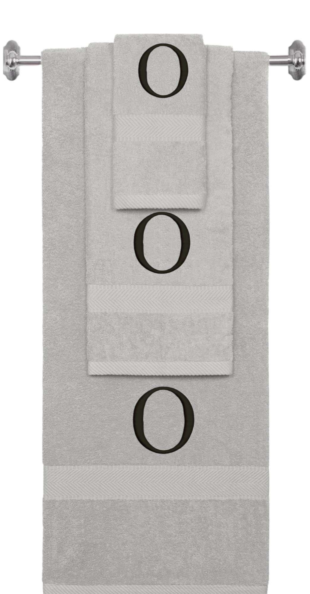 Silver monogrammed towel set with Black thread, Times New Roman font, initial O - 540 GSM cotton 3-piece