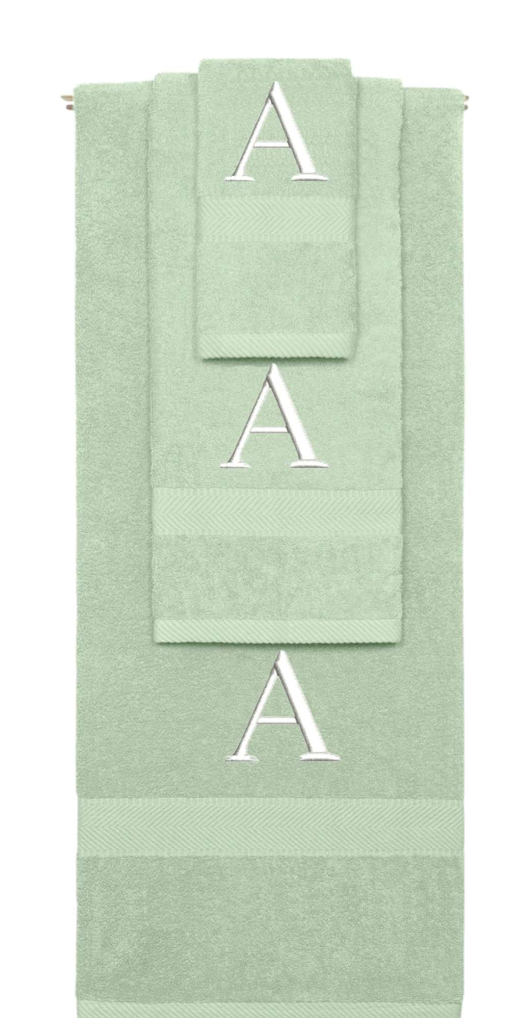 Mint Green monogrammed towel set with White thread, Times New Roman font, initial A - 540 GSM cotton 3-piece