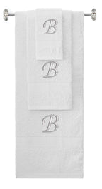 White monogrammed towel set with Silver thread, Chancery font, initial B - 540 GSM cotton 3-piece