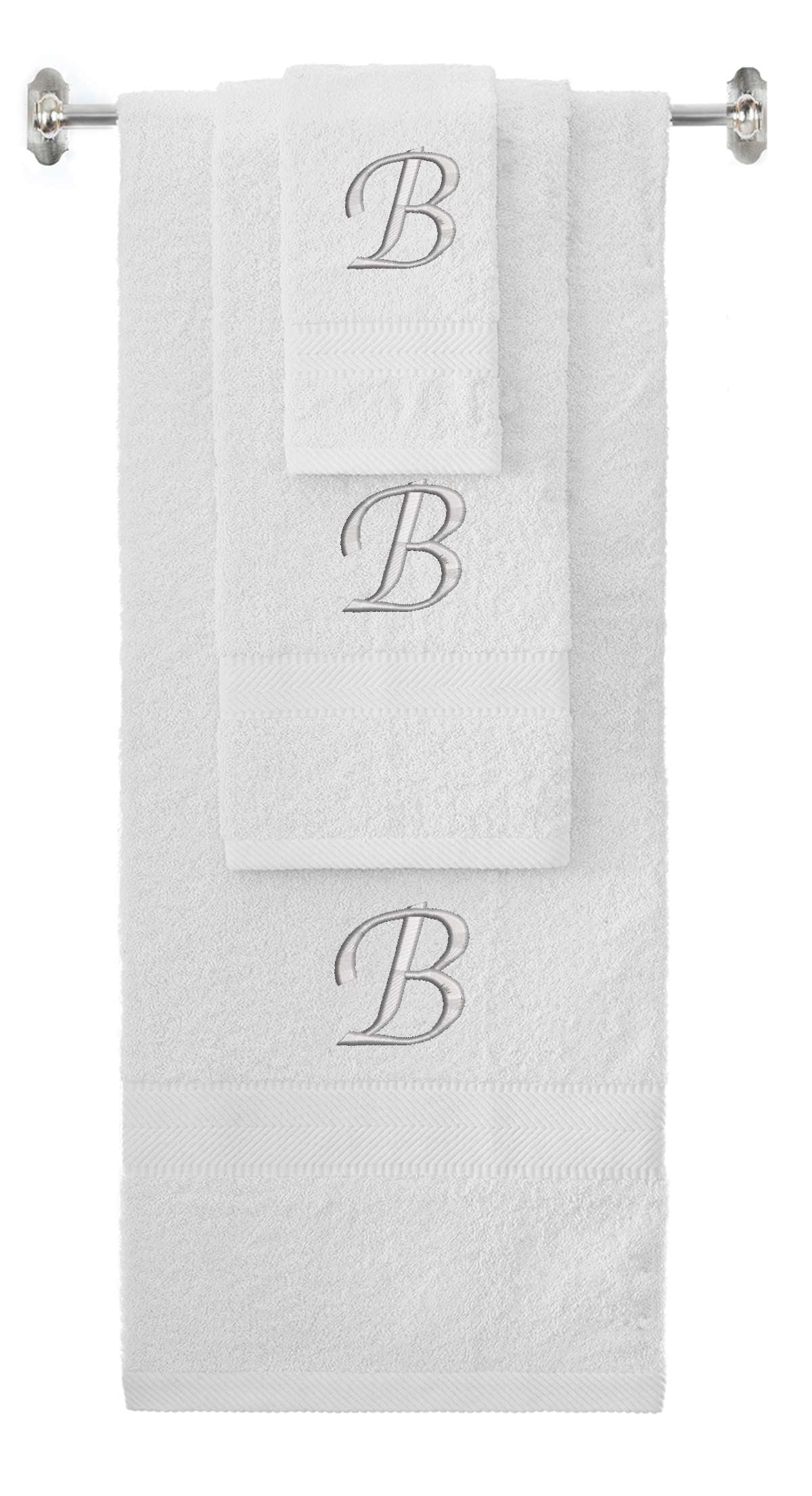 White monogrammed towel set with Silver thread, Chancery font, initial B - 540 GSM cotton 3-piece