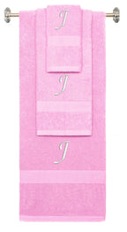 Pink monogrammed towel set with White thread, Chancery font, initial J - 540 GSM cotton 3-piece