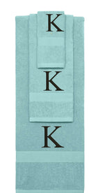 Nautical Teal monogrammed towel set with Black thread, Times New Roman font, initial K - 540 GSM cotton 3-piece