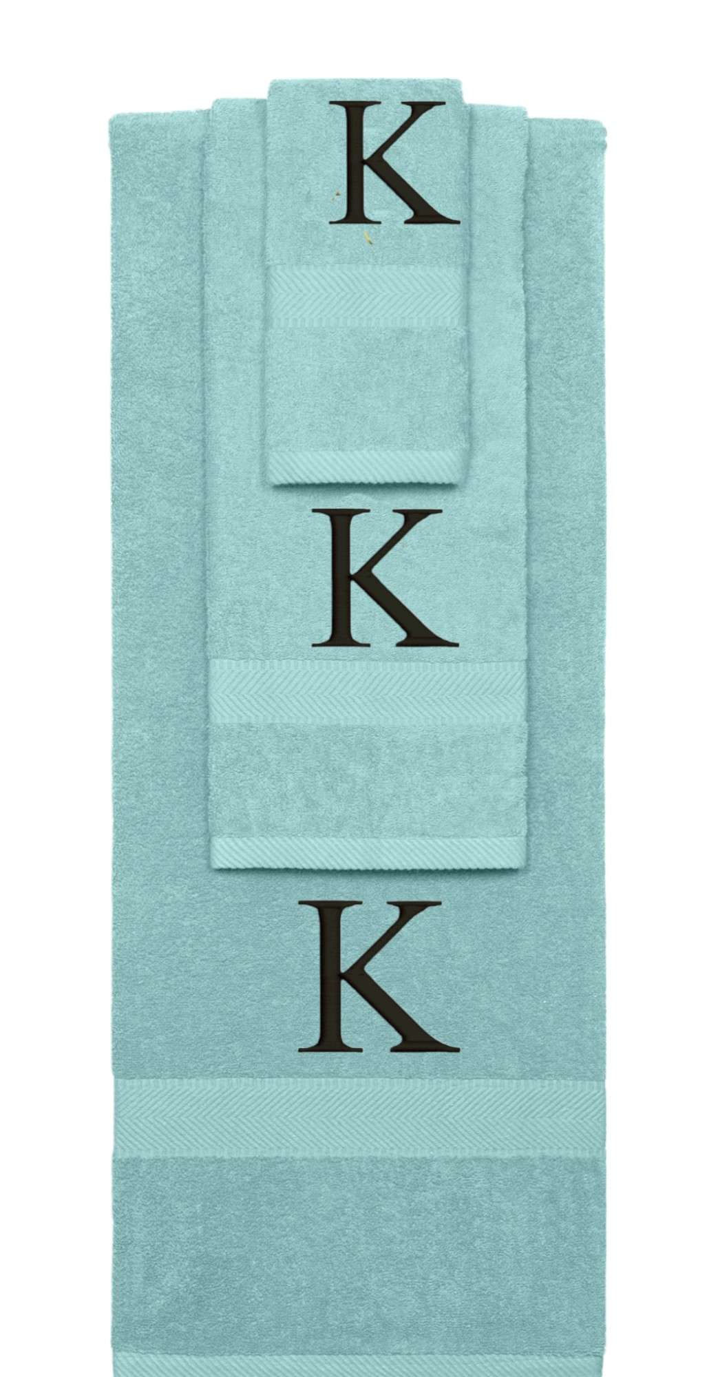 Nautical Teal monogrammed towel set with Black thread, Times New Roman font, initial K - 540 GSM cotton 3-piece
