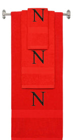 Red monogrammed towel set with Black thread, Times New Roman font, initial N - 540 GSM cotton 3-piece