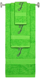 Lime monogrammed towel set with Black thread, Diana Script font, initial J - 540 GSM cotton 3-piece