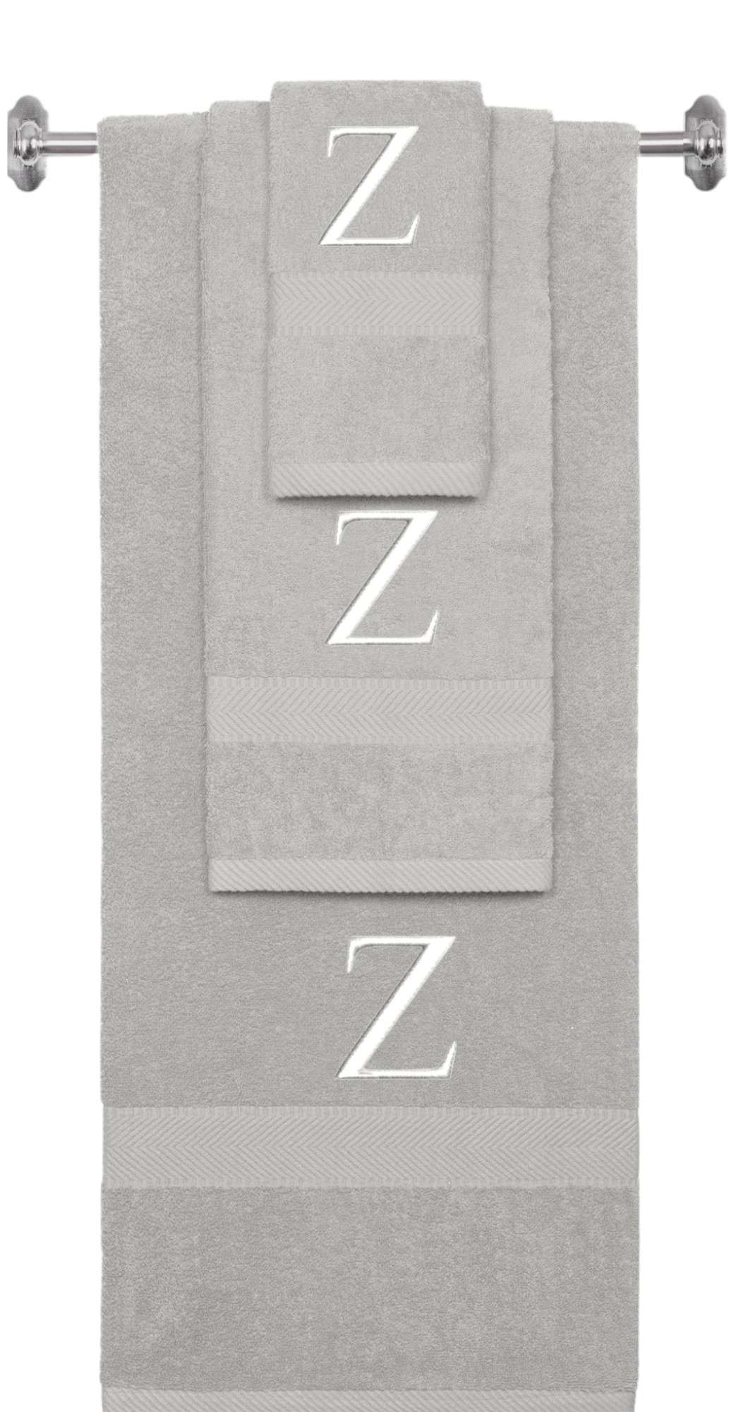 Silver monogrammed towel set with White thread, Times New Roman font, initial Z - 540 GSM cotton 3-piece