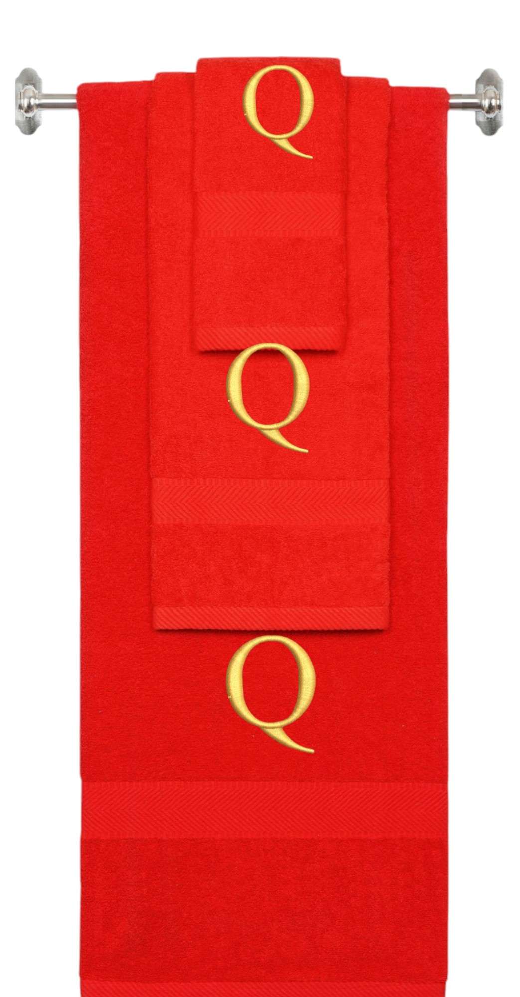 Red monogrammed towel set with Gold thread, Times New Roman font, initial Q - 540 GSM cotton 3-piece
