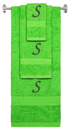 Lime monogrammed towel set with Black thread, Chancery font, initial S - 540 GSM cotton 3-piece