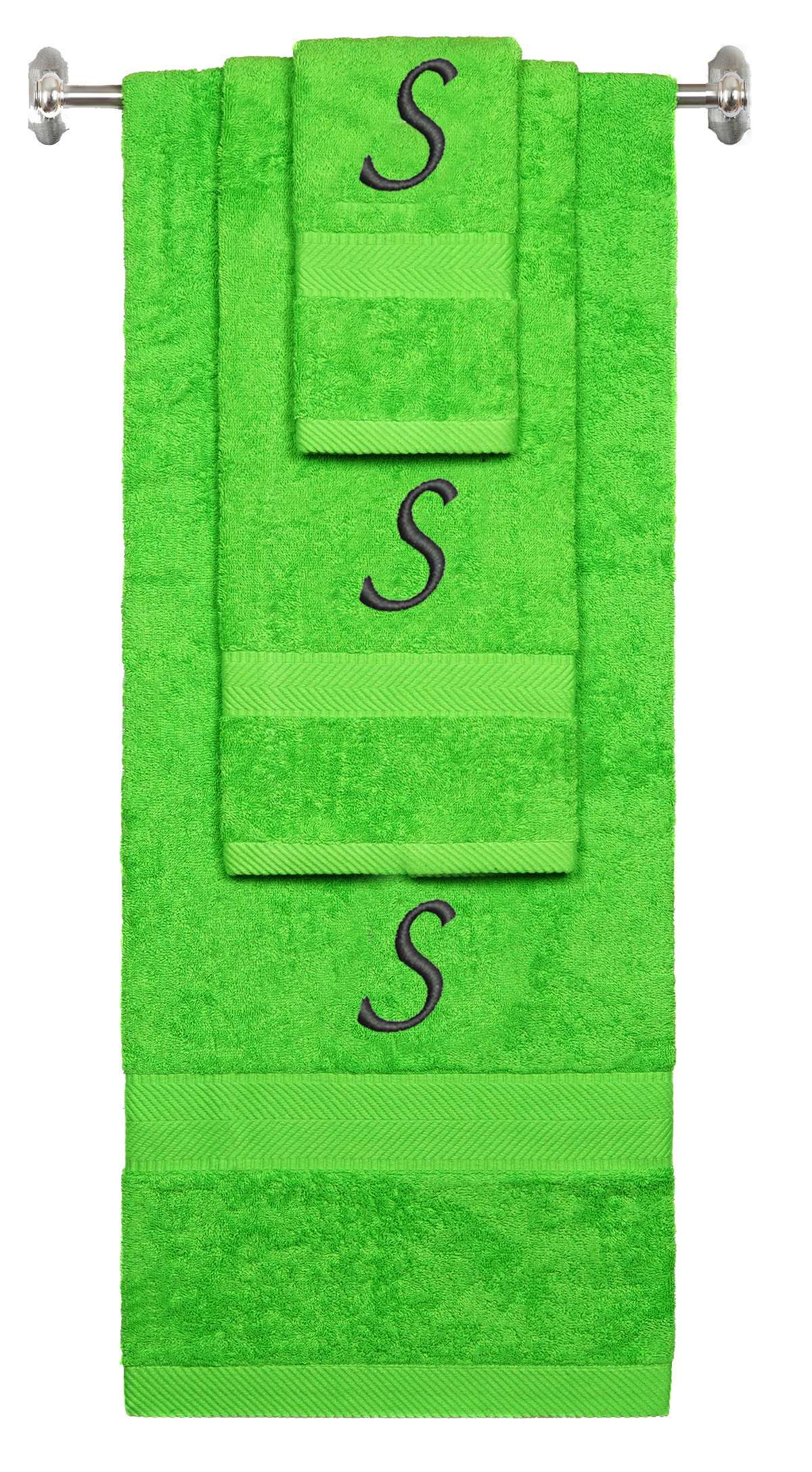Lime monogrammed towel set with Black thread, Chancery font, initial S - 540 GSM cotton 3-piece