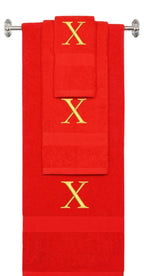 Red monogrammed towel set with Gold thread, Times New Roman font, initial X - 540 GSM cotton 3-piece