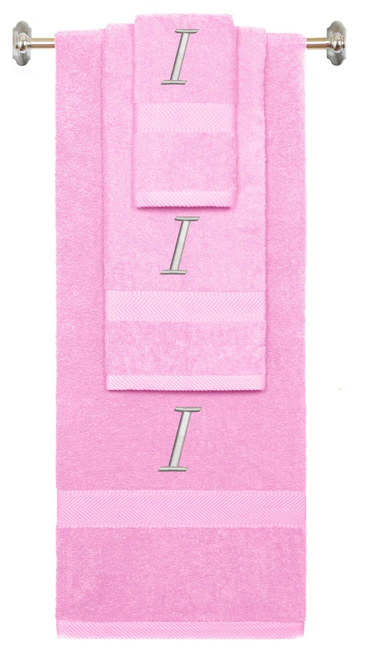 Pink monogrammed towel set with Silver thread, Chancery font, initial I - 540 GSM cotton 3-piece