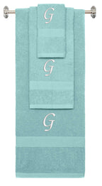 Nautical Teal monogrammed towel set with White thread, Chancery font, initial G - 540 GSM cotton 3-piece
