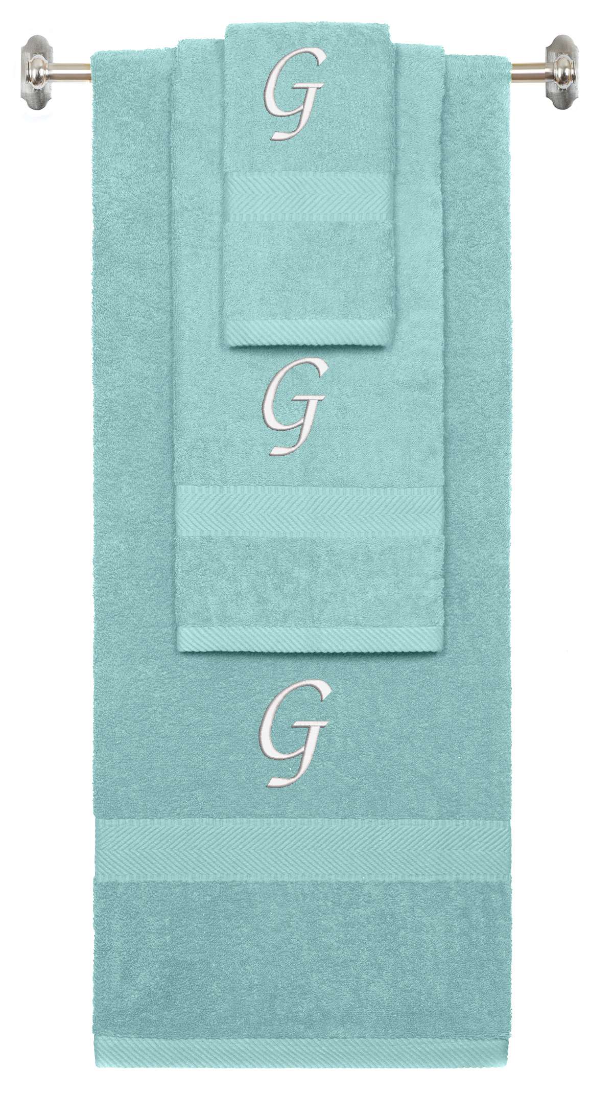 Nautical Teal monogrammed towel set with White thread, Chancery font, initial G - 540 GSM cotton 3-piece