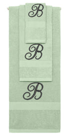 Mint Green monogrammed towel set with Black thread, Diana Script font, initial B - 540 GSM cotton 3-piece