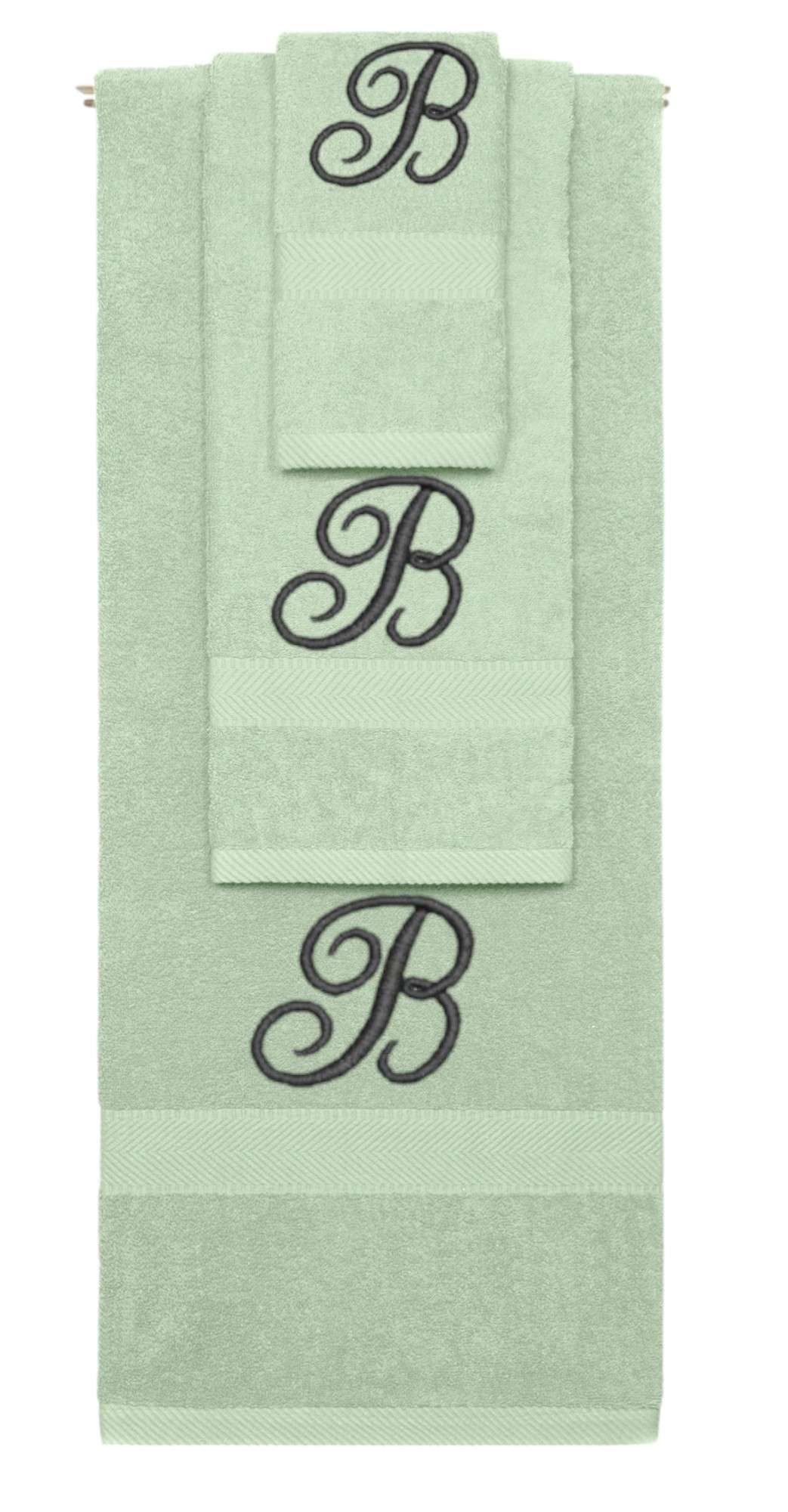 Mint Green monogrammed towel set with Black thread, Diana Script font, initial B - 540 GSM cotton 3-piece