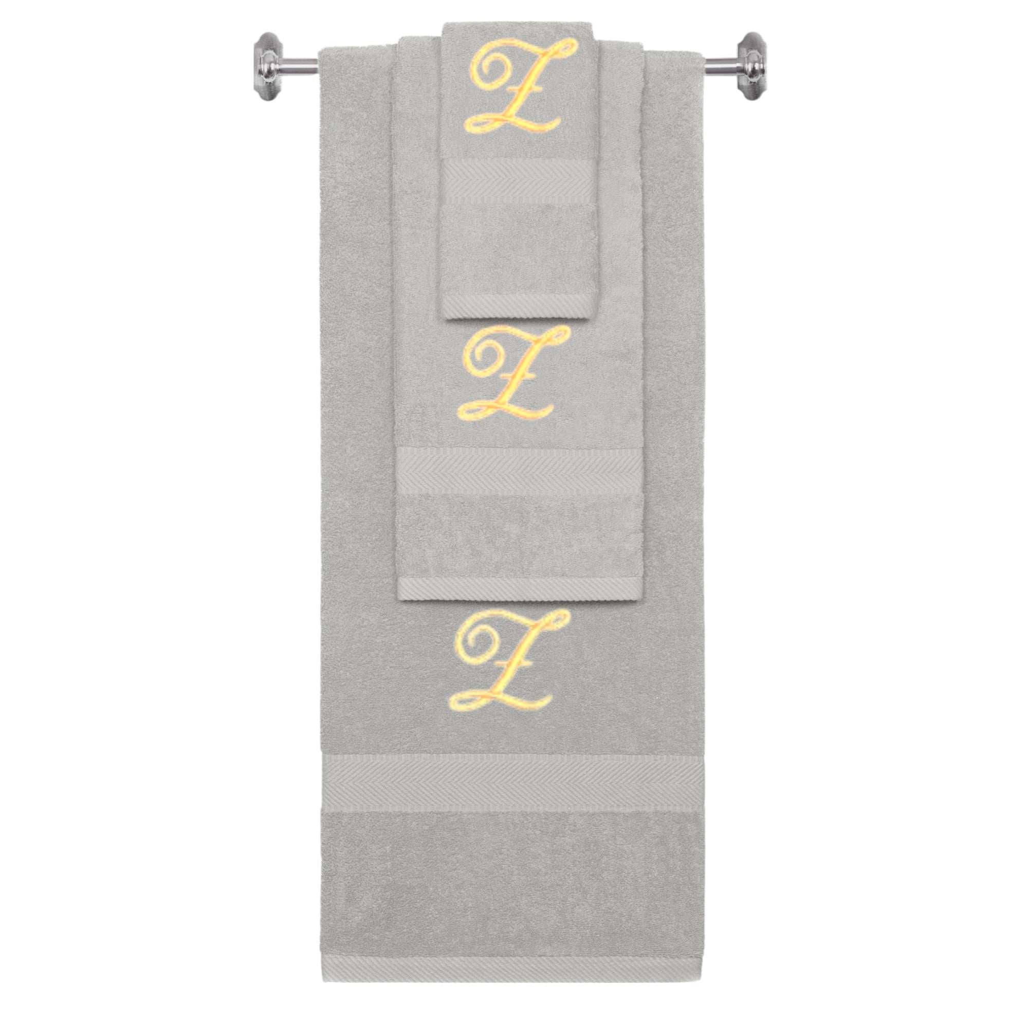 Silver monogrammed towel set with Gold thread, Diana Script font, initial Z - 540 GSM cotton 3-piece