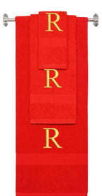 Red monogrammed towel set with Gold thread, Times New Roman font, initial R - 540 GSM cotton 3-piece