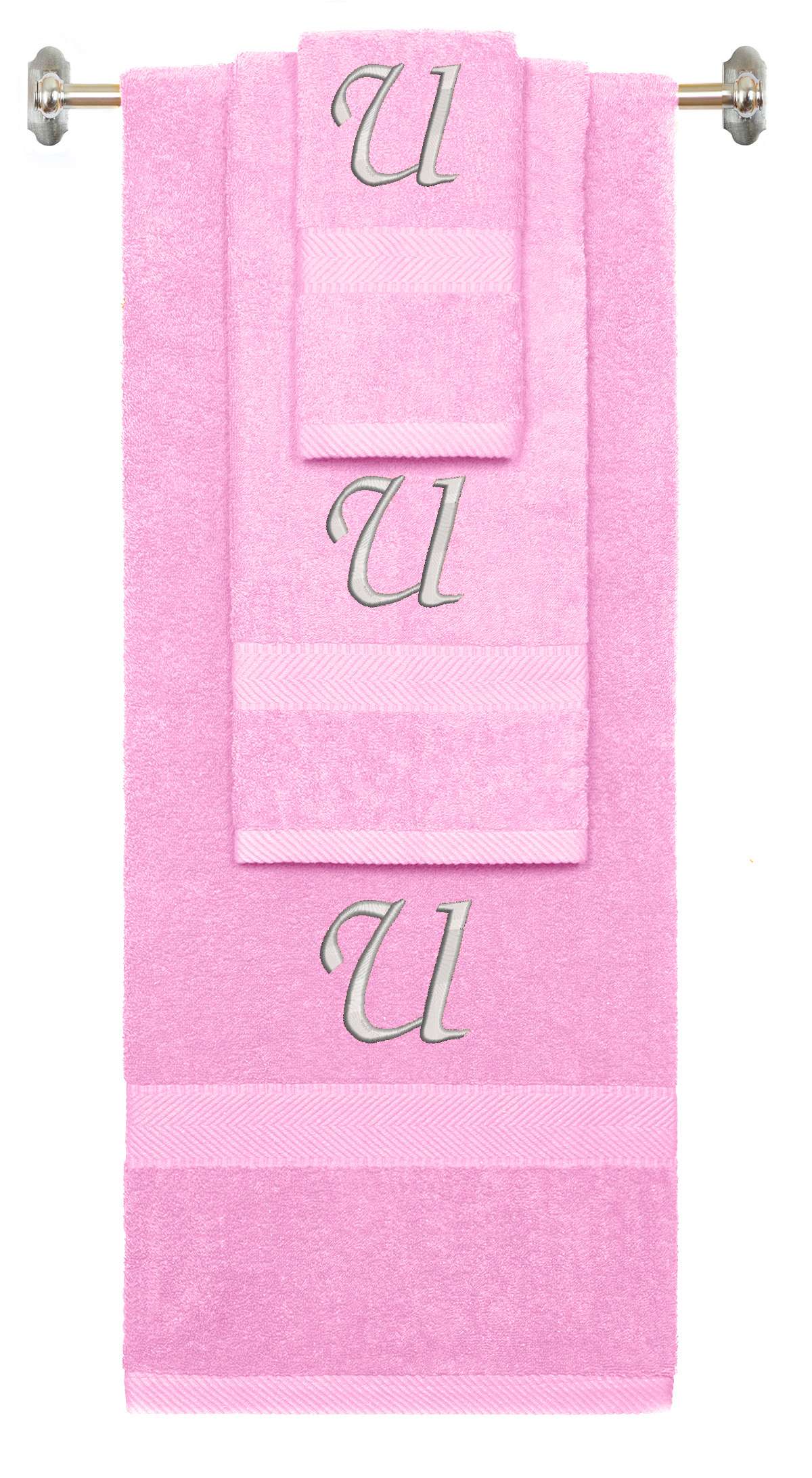 Pink monogrammed towel set with Silver thread, Chancery font, initial U - 540 GSM cotton 3-piece
