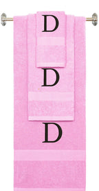 Pink monogrammed towel set with Black thread, Times New Roman font, initial D - 540 GSM cotton 3-piece