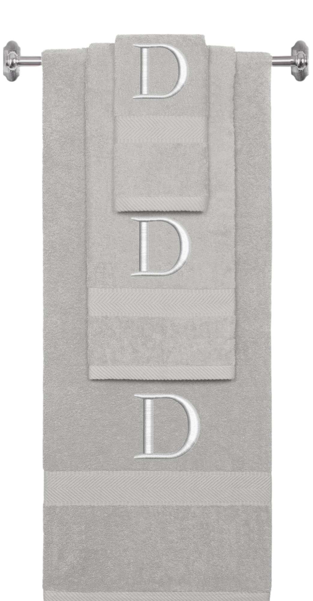 Silver monogrammed towel set with Silver thread, Times New Roman font, initial D - 540 GSM cotton 3-piece