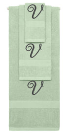 Mint Green monogrammed towel set with Black thread, Diana Script font, initial V - 540 GSM cotton 3-piece