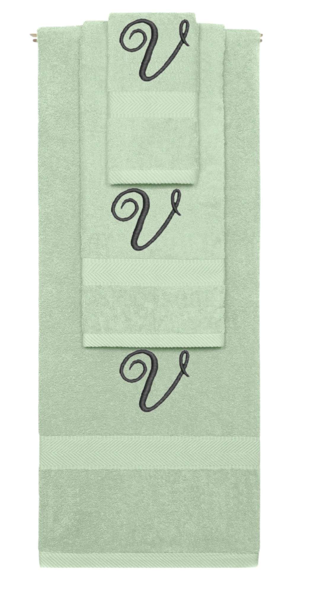 Mint Green monogrammed towel set with Black thread, Diana Script font, initial V - 540 GSM cotton 3-piece