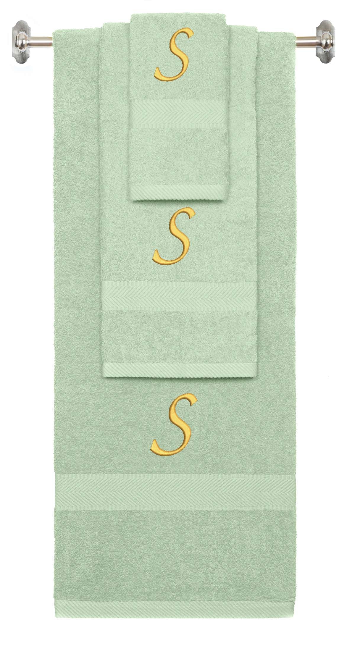 Mint Green monogrammed towel set with Gold thread, Chancery font, initial S - 540 GSM cotton 3-piece
