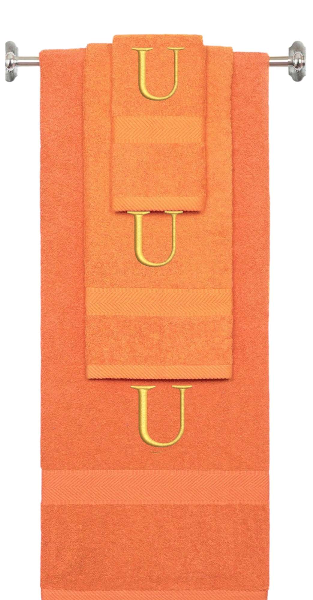 Orange monogrammed towel set with Gold thread, Times New Roman font, initial U - 540 GSM cotton 3-piece