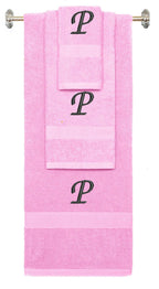 Pink monogrammed towel set with Black thread, Chancery font, initial P - 540 GSM cotton 3-piece