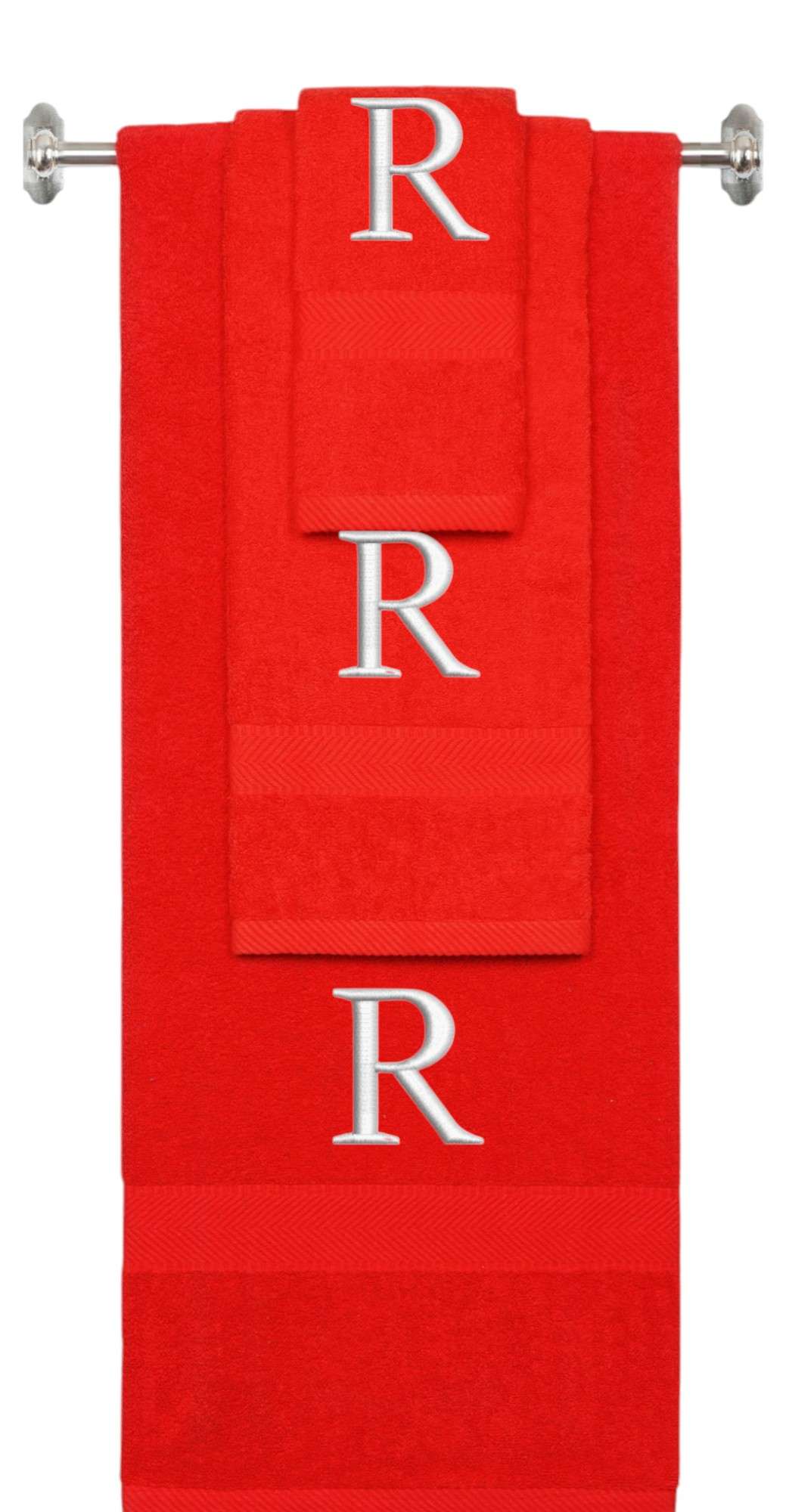 Red monogrammed towel set with Silver thread, Times New Roman font, initial R - 540 GSM cotton 3-piece