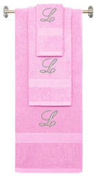 Pink monogrammed towel set with Silver thread, Diana Script font, initial L - 540 GSM cotton 3-piece
