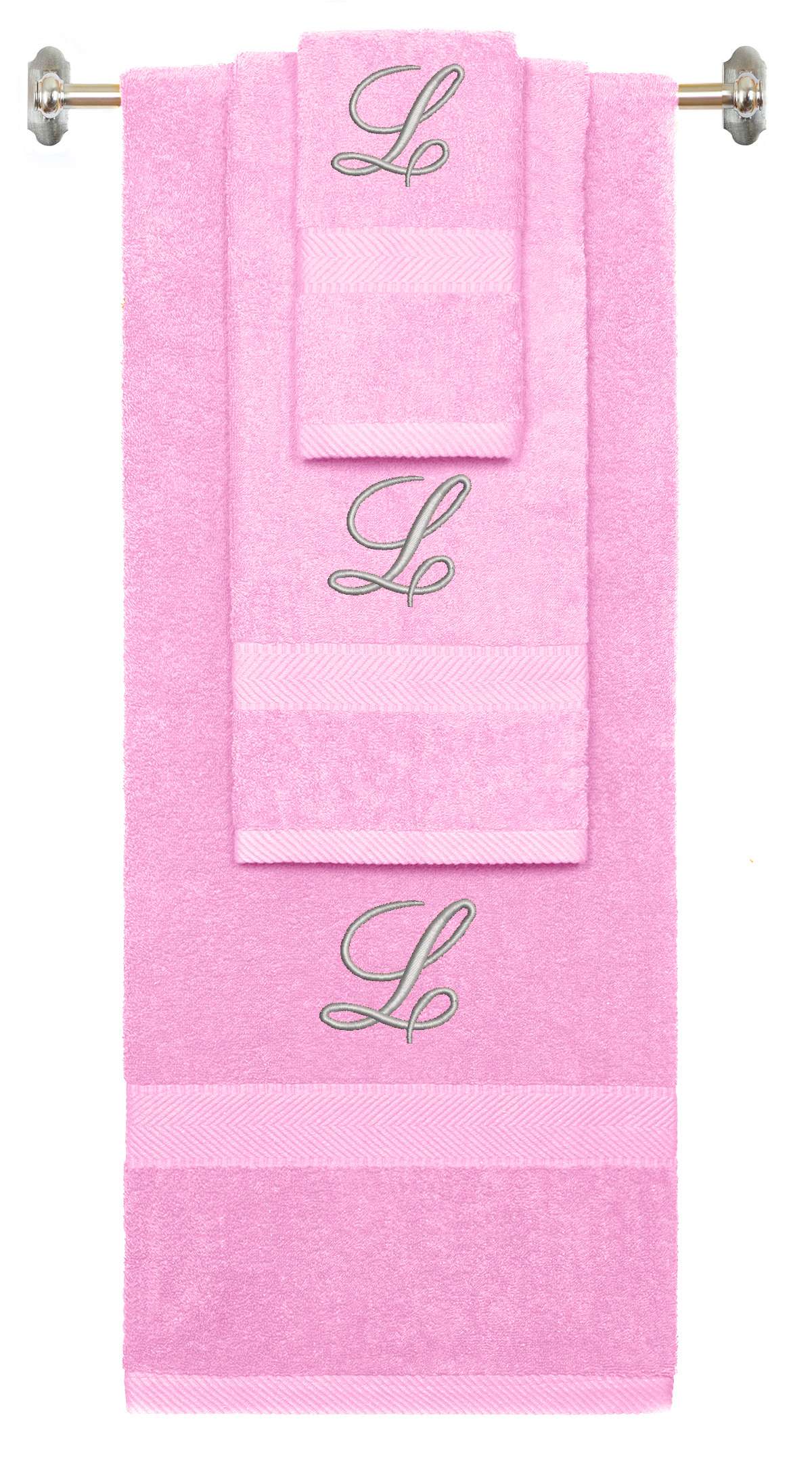 Pink monogrammed towel set with Silver thread, Diana Script font, initial L - 540 GSM cotton 3-piece