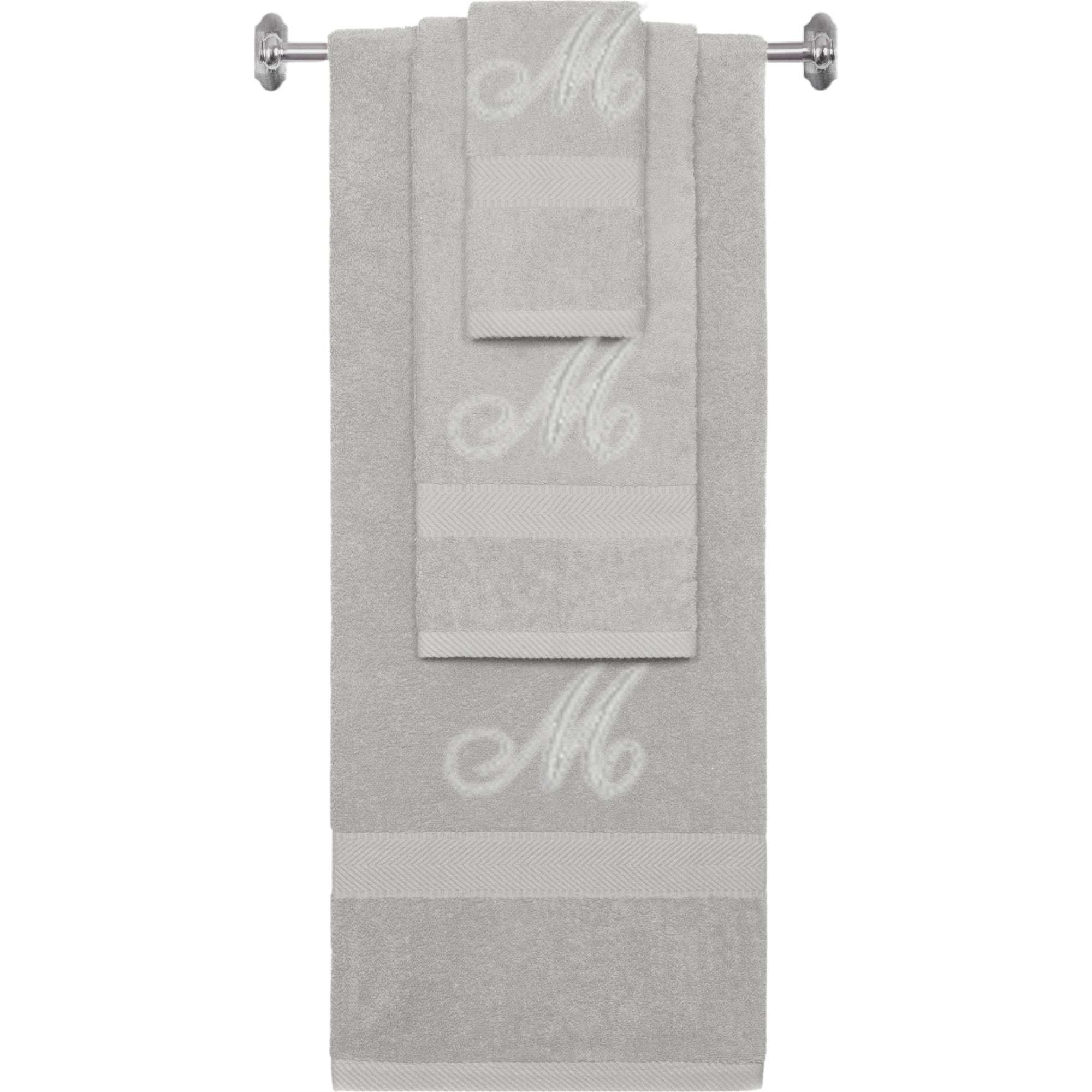 Silver monogrammed towel set with Silver thread, Diana Script font, initial M - 540 GSM cotton 3-piece
