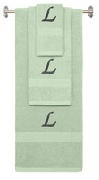 Mint Green monogrammed towel set with Black thread, Chancery font, initial L - 540 GSM cotton 3-piece