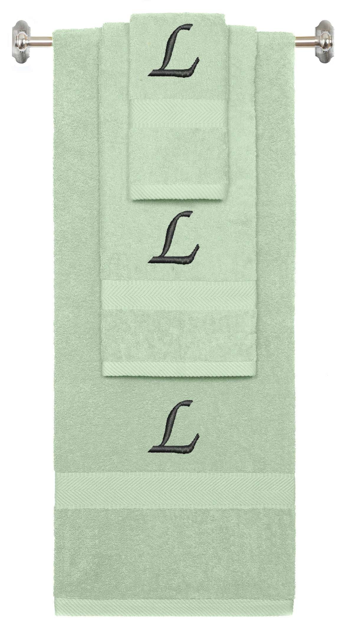 Mint Green monogrammed towel set with Black thread, Chancery font, initial L - 540 GSM cotton 3-piece
