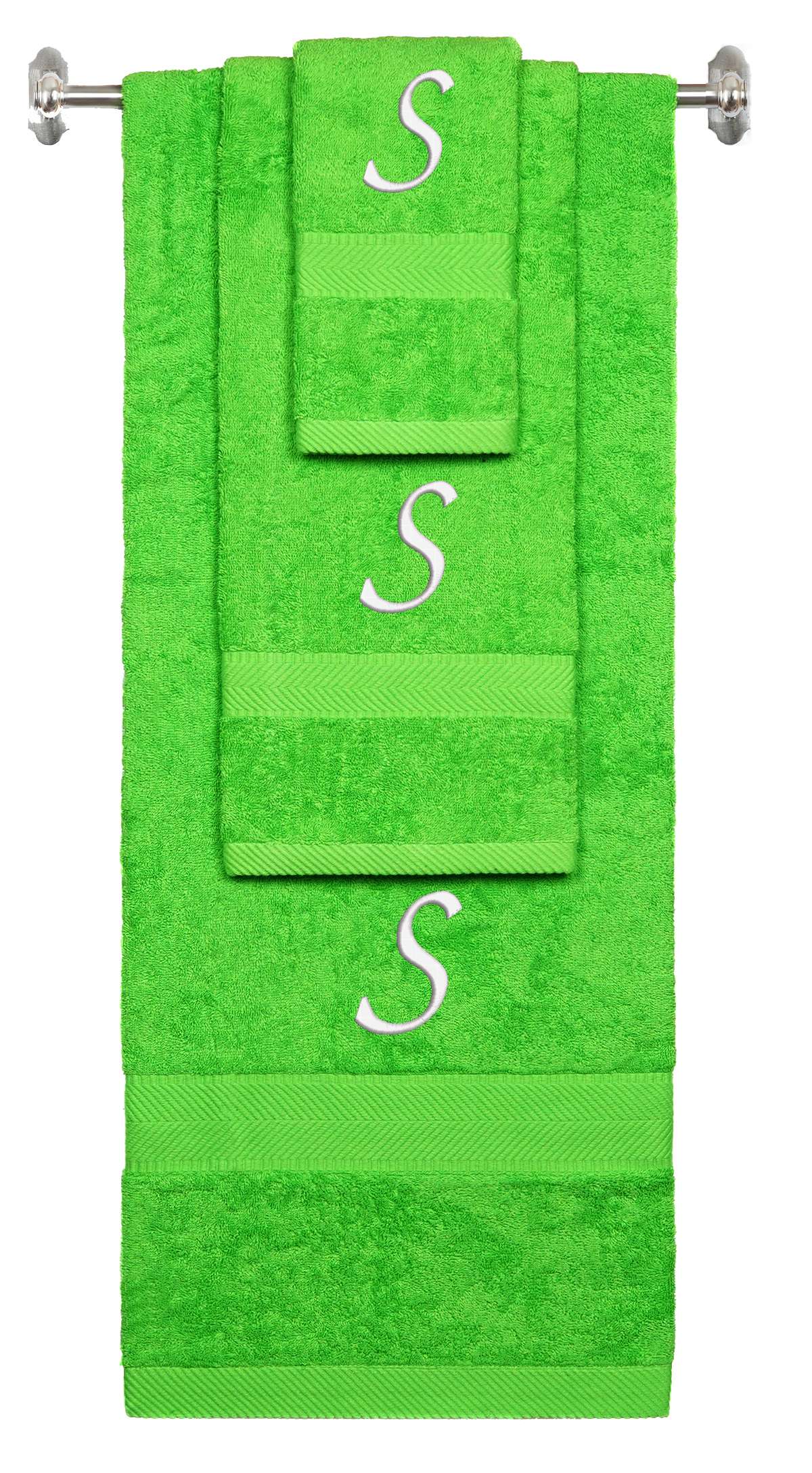 Lime monogrammed towel set with White thread, Chancery font, initial S - 540 GSM cotton 3-piece