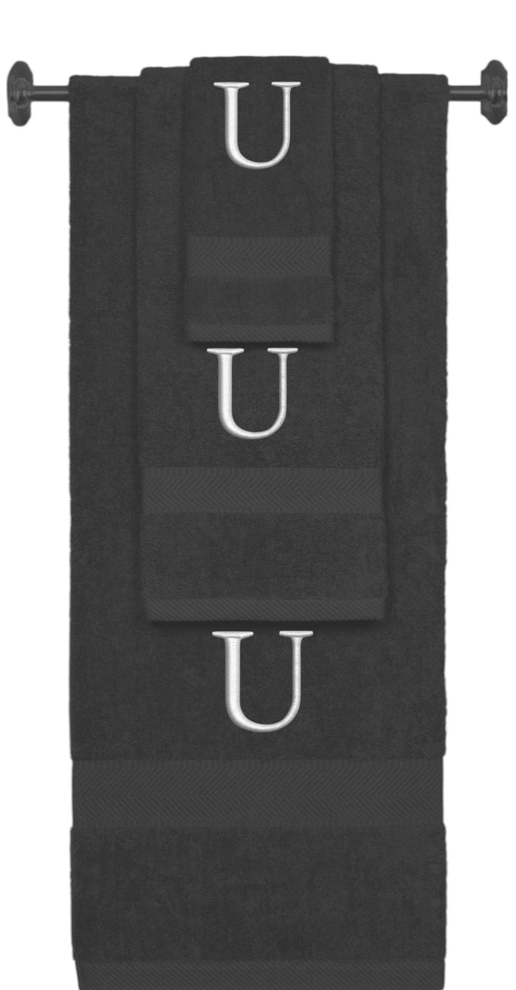 Charcoal monogrammed towel set with Silver thread, Times New Roman font, initial U - 540 GSM cotton 3-piece