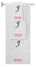 White monogrammed towel set with Black thread, Chancery font, initial J - 540 GSM cotton 3-piece