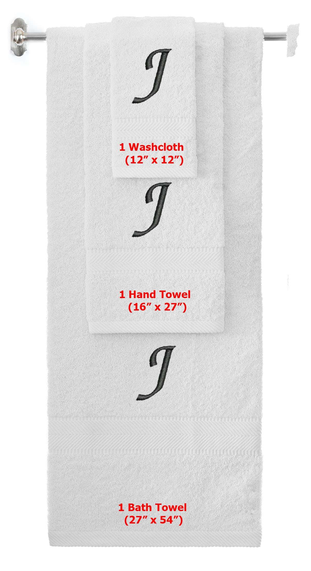 White monogrammed towel set with Black thread, Chancery font, initial J - 540 GSM cotton 3-piece