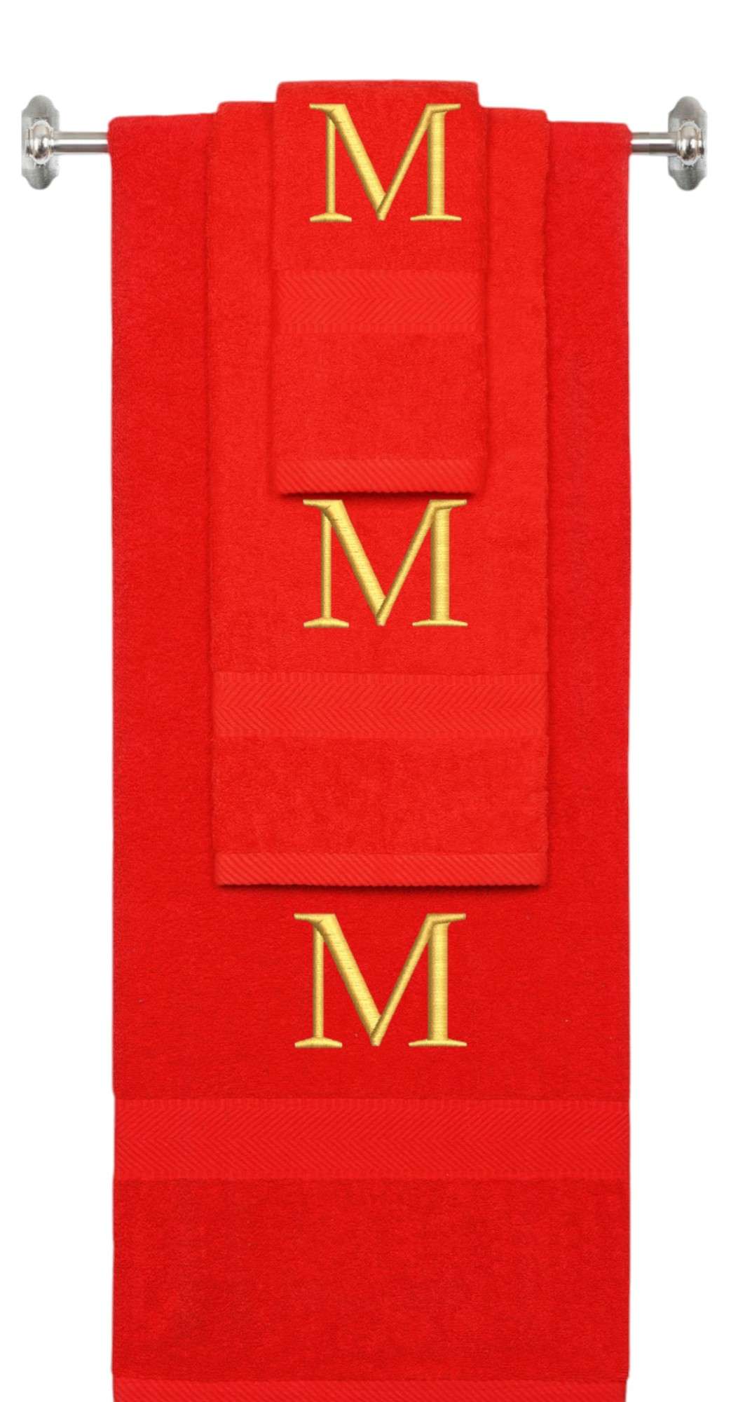 Red monogrammed towel set with Gold thread, Times New Roman font, initial M - 540 GSM cotton 3-piece