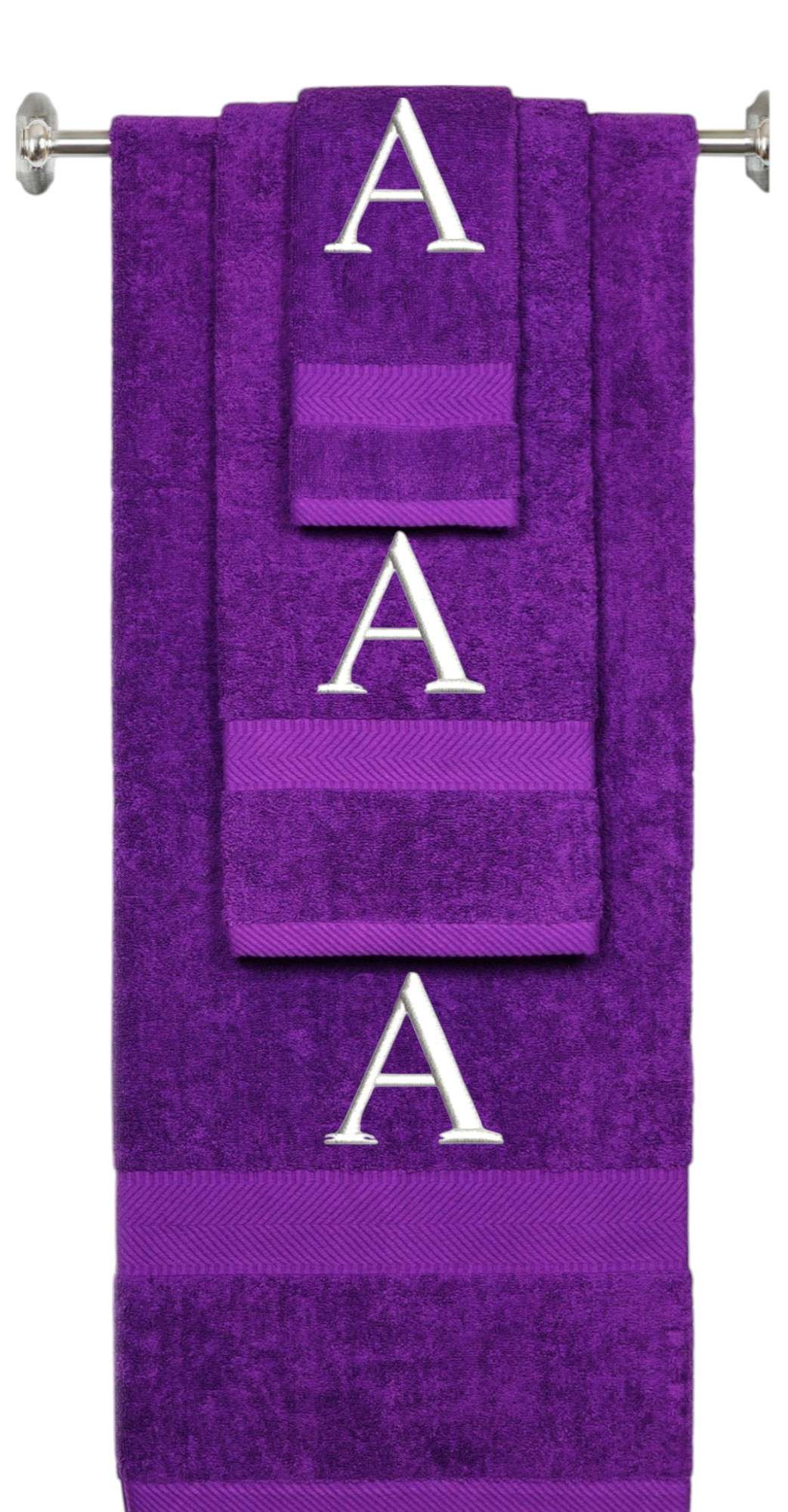 Purple monogrammed towel set with White thread, Times New Roman font, initial A - 540 GSM cotton 3-piece
