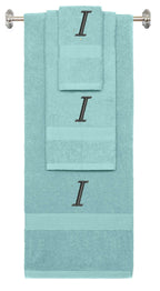 Nautical Teal monogrammed towel set with Black thread, Chancery font, initial I - 540 GSM cotton 3-piece