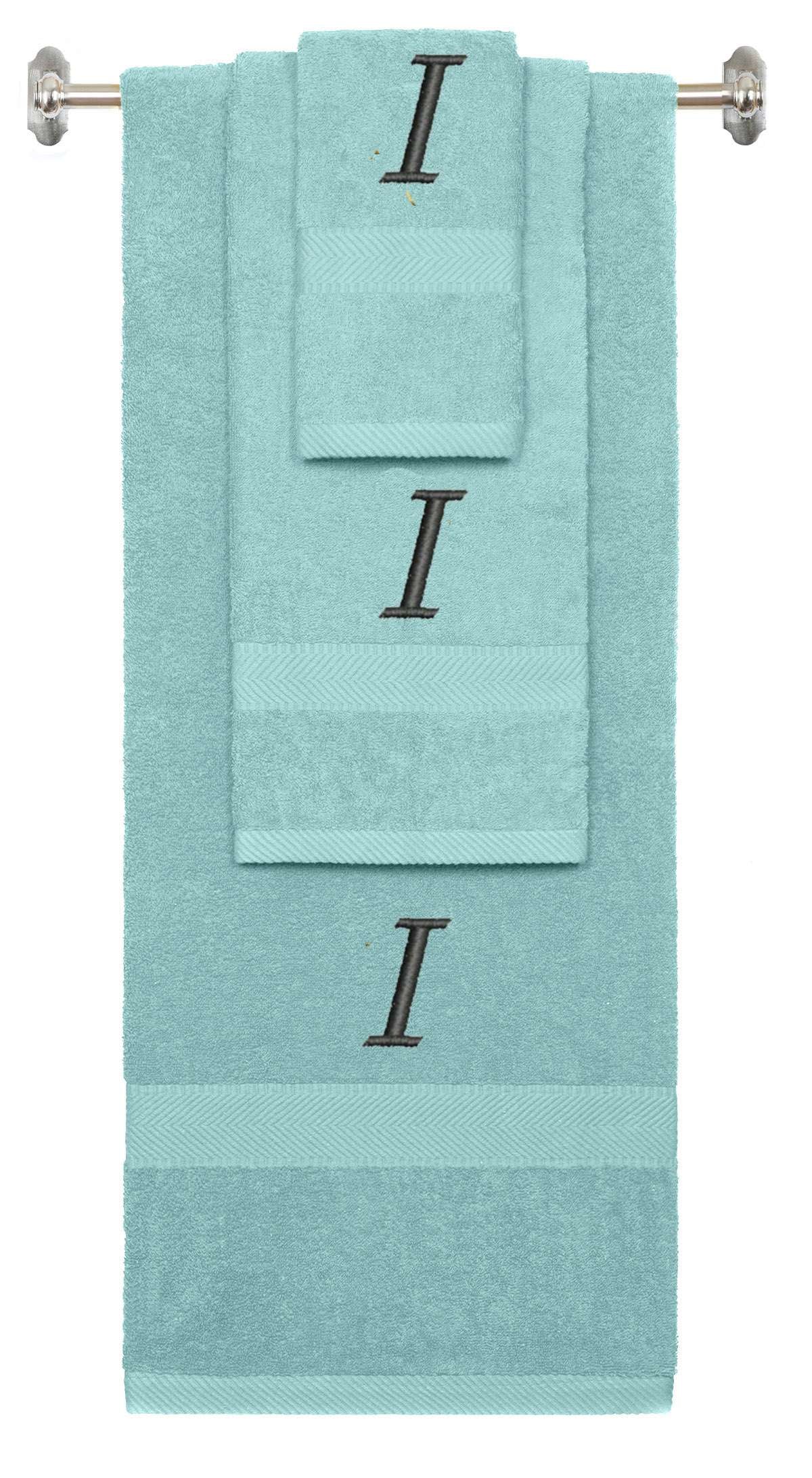 Nautical Teal monogrammed towel set with Black thread, Chancery font, initial I - 540 GSM cotton 3-piece