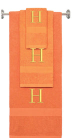 Orange monogrammed towel set with Gold thread, Times New Roman font, initial H - 540 GSM cotton 3-piece