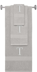 Silver monogrammed towel set with Silver thread, Times New Roman font, initial T - 540 GSM cotton 3-piece