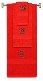 Red monogrammed towel set with Black thread, Chancery font, initial B - 540 GSM cotton 3-piece