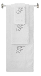 White monogrammed towel set with Silver thread, Diana Script font, initial F - 540 GSM cotton 3-piece