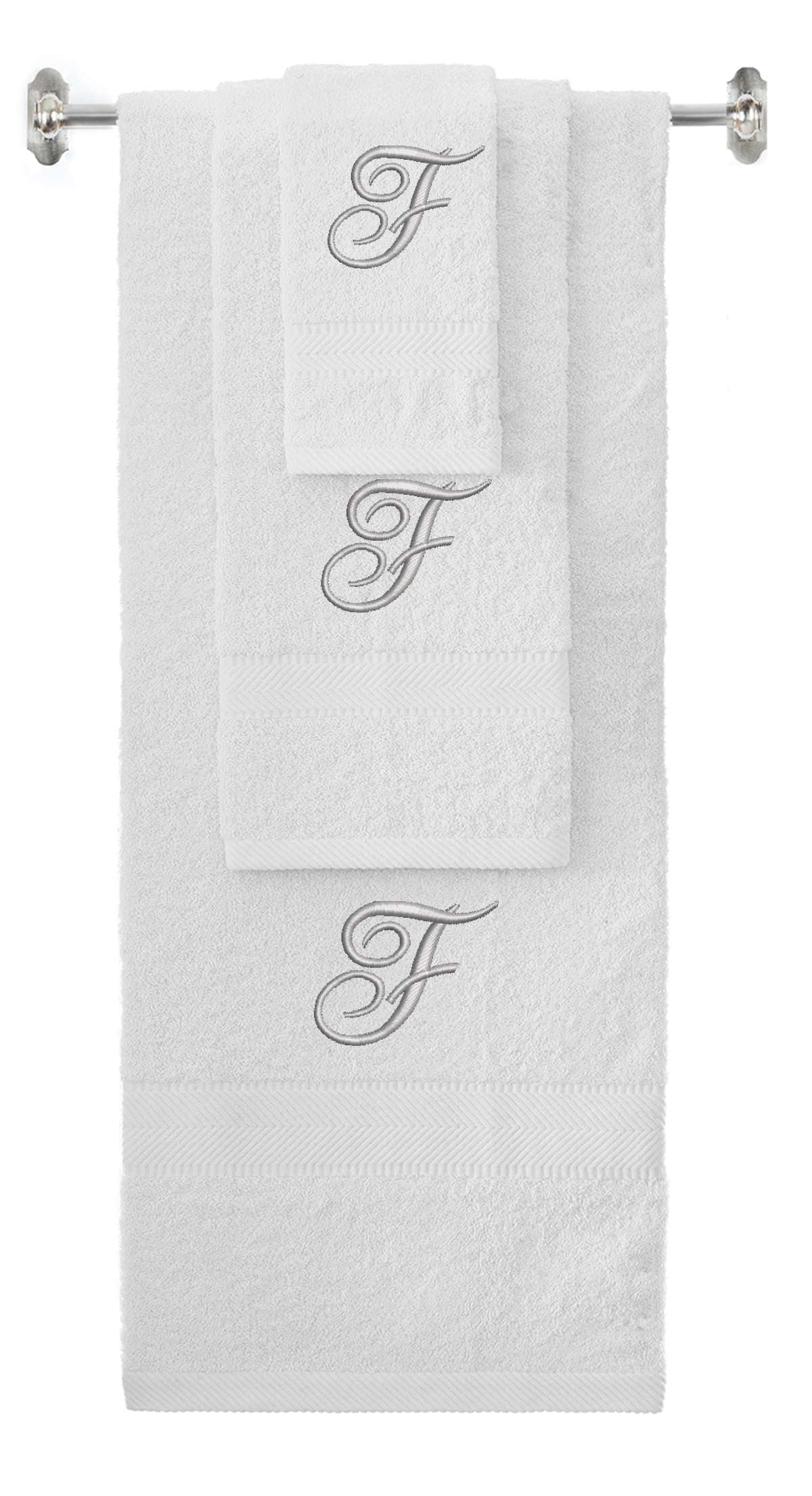 White monogrammed towel set with Silver thread, Diana Script font, initial F - 540 GSM cotton 3-piece